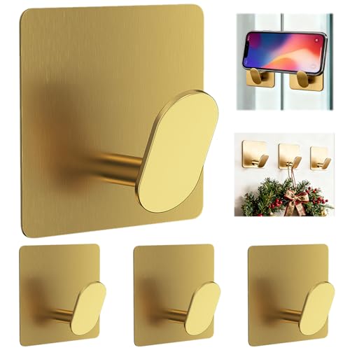 Gold Adhesive Hooks for Wall Hanging - Fit for Coat Door Towel Hooks for Bathrooms Decorative Kitchen Shower Glass Wall 304 Stainless Steel Robe &Towel Hooks Brushed Gold 4 Packs - color: Brushed Gold