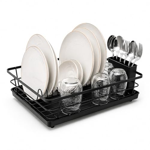 Metal Dish Drying Rack for Kitchen Counter, Black, Sink Organizer with Cutlery Holder, Kitchen Storage and Organization Essentials, for Small Kitchen,11.8 x 15.7 Inch