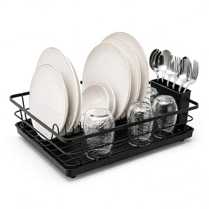 Metal Dish Drying Rack for Kitchen Counter, Black, Sink Organizer with Cutlery Holder, Kitchen Storage and Organization Essentials, for Small Kitchen,11.8 x 15.7 Inch