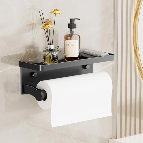 Black Paper Towel Holder with Shelf, Wall Mount Paper Towel Holder for Bathroom Kitchen, Hand Towel Rack Holder,Paper Roll Holder with Self Adhesive & Screw,RV - color: Black Pro