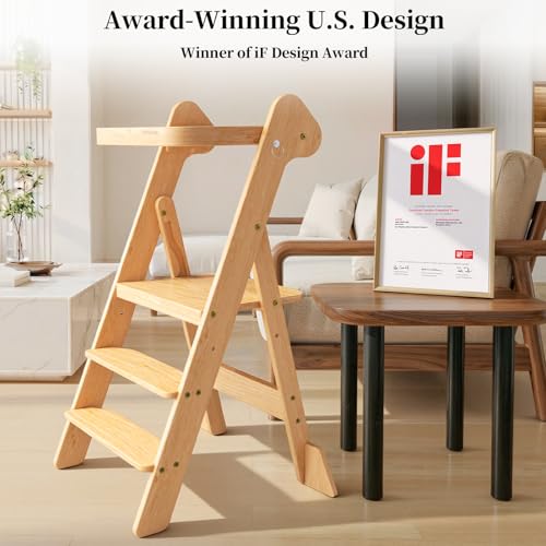 COSYLAND Foldi Foldable Toddler Kitchen Stool - Adjustable Height Toddler Standing Tower with Net & Safety Feet, IF Award-Winning Wooden Learning Step Tower for Kids Ages 18M-6Y, Natural - color: Natural