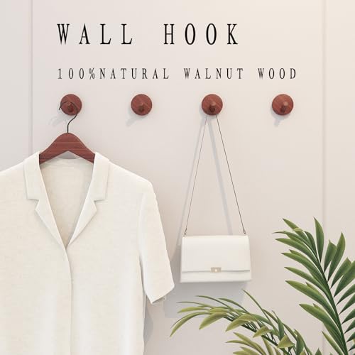 Wooden Wall Hooks 4 Pack Walnut Brown Adhesive for Hats Towels Coats | Solid walnut, Splinter free, No drill 3M adhesive & sealant, Rustic farmhouse, For entryway bathroom bedroom closet