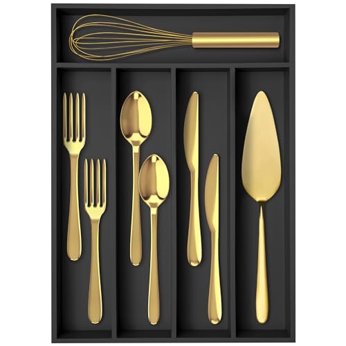 Silverware Organizer Bamboo Kitchen Drawer Organizer Utensil Organizer Silverware Holder Cutlery Organizer in drawer Flatware Organizer Tray (Black 5 Slots) - color: Black, size: 5 Slots