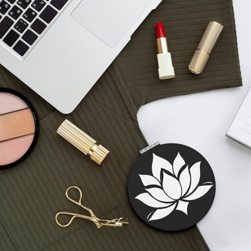Lotus Flower Print Foldable Travel Pocket Mirror Round PU Leather Portable Mini Makeup Double Sided Handheld Magnifying,2.6 in - color: Lotus Flower