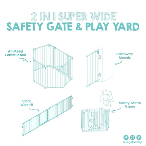 Regalo Safety 56"-130" Super Wide Baby Gate & Play Yard, 2-in-1 Adjustable Safety Gate for Doorways & Bottom of Stairs, Wall Mounted Room Divider, Includes Wall Mount Kit - color: White, style: 130"W x 28"H