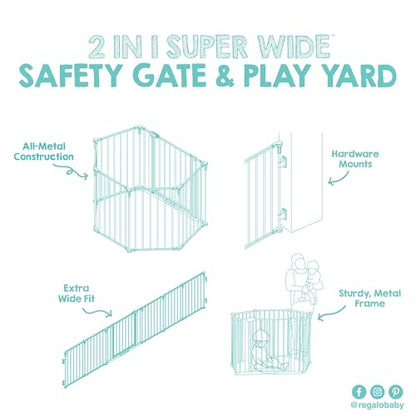 Regalo Safety 56"-130" Super Wide Baby Gate & Play Yard, 2-in-1 Adjustable Safety Gate for Doorways & Bottom of Stairs, Wall Mounted Room Divider, Includes Wall Mount Kit - color: White, style: 130"W x 28"H