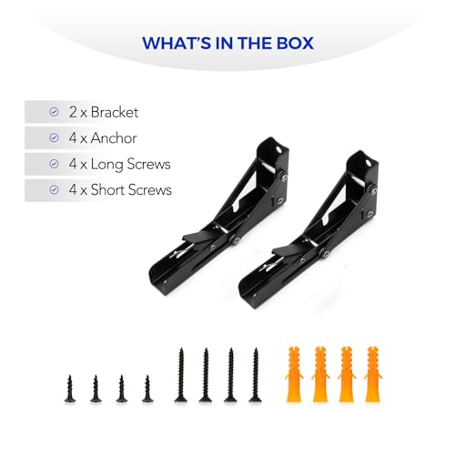 Ravinte 2 Pack 6 Inch Folding Shelf Brackets – Matte Black, Heavy Duty Collapsible Brackets for Tables and Benches – Space-Saving Design - size: 6 Inch