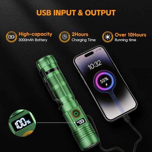 Hoxida Rechargeable Flashlights 2 Pack, 6 Modes Zoomable Powerful Tactical Linternas with LCD Digital Display, Super Bright High Lumens Handheld Magnetic Flashlights for Home Emergencies Camping - color: Green