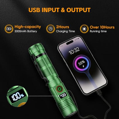 Hoxida Rechargeable Flashlights 2 Pack, 6 Modes Zoomable Powerful Tactical Linternas with LCD Digital Display, Super Bright High Lumens Handheld Magnetic Flashlights for Home Emergencies Camping - color: Green