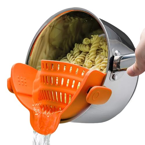 Kitchen Gizmo Snap N Strain Clip On Strainer for Pots and Pans - Adjustable Silicone Colander for Kitchen - Compact Clip-On Food Strainer for Draining Pasta and Vegetables - Orange - color: Orange