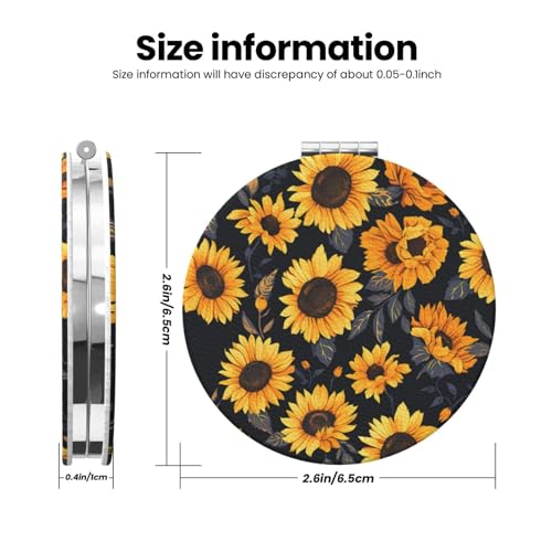 Sunflower Style6 Print Foldable Travel Pocket Mirror Round PU Leather Portable Mini Makeup Double Sided Handheld Magnifying,2.6 in - color: Sunflower Style6