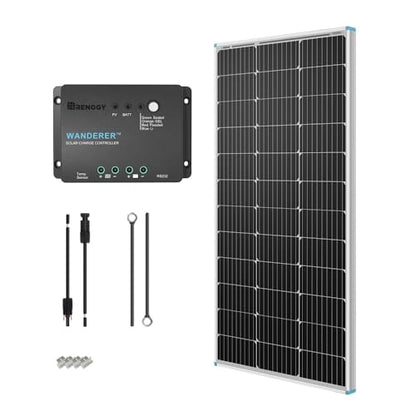 Renogy 100W 12V Solar Panel Starter Kit, 100 Watt Monocrystalline Solar Panel, 30A LCD PWM Charger Controller, Adaptor Kit, Tray Cables, Z Brackets for RV, Camper, and Other Off Grid Applications - size: 100W Panel+PWM 30A Controller