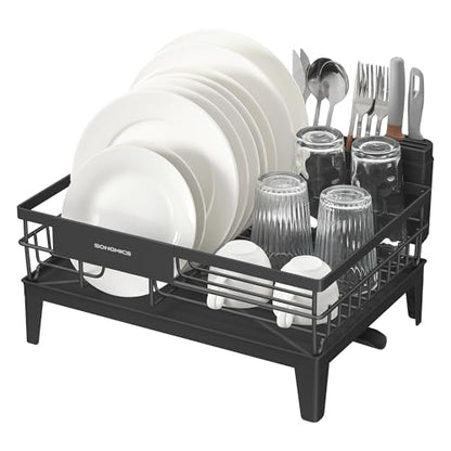 SONGMICS Dish Drying Rack, Kitchen Dish Rack with Drainboard, 360° Rotatable and Extendable Spout, with Cutlery Holder, 12.2 x 16.5 x 7.3 Inches, Ink Black UKCS550B01 - color: Ink Black, style: with Drainboard
