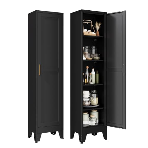 YAUWOH White Narrow Metal Storage Cabinet, Tall Freestanding Cabinet with 4 Adjustable Shelves & Barn Doors, Pantry Organizer for Bathroom Kitchen Home Office Dining Room（1PC,Black） - color: Black, size: 67"H-1 Door