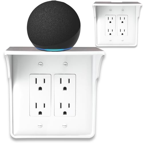Power Perch Double Outlet Shelf Organizer for Alexa Echo Dot, HomePod Mini, Phone - Wall Outlet Holder with Cord Storage Strap - Socket Shelf Bathroom Kitchen Counter Charging Station - White 2 Pack - color: White, size: Double Outlet 2 Pack