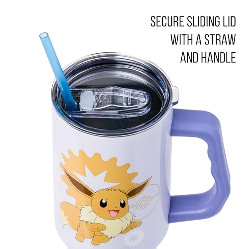 Silver Buffalo Pokémon Eevee Stainless Steel Tumbler with Handle, 40oz | Double-walled insulation, fits standard cup holder, secure lid with straw, travel friendly - color: Eevee Pokemon