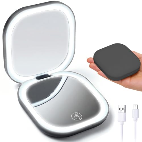 Compact Mirror with Light, Portable LED Lighted Compact Makeup Mirror with 10X Magnification, USB Rechargeable Foldable Small Pocket Travel Magnifying Beauty Mirror for Women Grils Purse, Black - color: Black