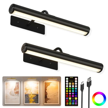 EZVALO 13 Inch Wireless Picture Lights, 4000mAh Rechargeable Battery RGB Colors Lights with Remote, Dimmable 3 Color Temps LED Painting Lights for Living Room, Bedroom (Black, 2Pack) - color: RGB Black