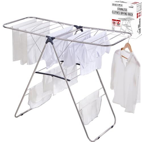 TRES BELLE L-Size Stainless Steel Gullwing Clothes Drying Rack, Foldable Heavy Duty Metal Laundry Dryer with Secure-Rod & 4 Bottom Bars for Sweater, Towel, Socks, Indoor Outdoor Use - size: Large