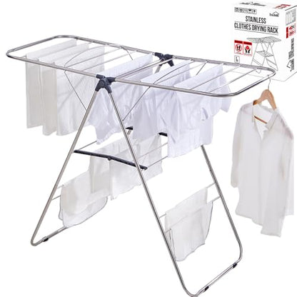 TRES BELLE L-Size Stainless Steel Gullwing Clothes Drying Rack, Foldable Heavy Duty Metal Laundry Dryer with Secure-Rod & 4 Bottom Bars for Sweater, Towel, Socks, Indoor Outdoor Use - size: Large
