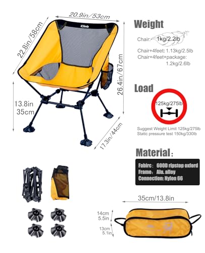 iClimb Ultralight Compact Camping Folding Beach Chair with Anti-Sinking Large Feet and Back Support Webbing (Yellow - Square Frame) - color: Yellow (Square Frame)