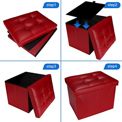Bsketa Storage Ottoman, Folding Foot Stool with Thicker Foam Padded Seat Small Leather Storage Ottoman Bench Foot Rest for Living Room Foldable Coffee Table 17x13x13in,Red - color: Red