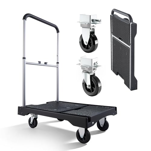 VEVOR Foldable Utility Cart, 330LBS Portable Dolly Cart with Telescoping Handle for Boxes, Crates, Groceries, Folding Platform Truck with 360° Swivel Wheels for Garage/Garden/Office, Black - size: 26.8 x 19.5 x 4.5 in/ 680 x 495 x 115 mm