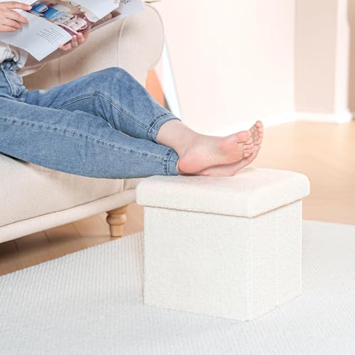B FSOBEIIALEO Small Storage Ottoman Cube Sherpa Ottomans Foot Rest, Foldable Boucle Ottoman, Faux Teddy Fur, Cream White 12.6"x12.6"x12.6" - color: White, size: 12.6"x12.6"x12.6"