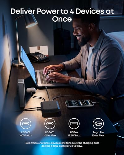 Anker Charging Base, 150W Max Charging for 4 Devices, Works with Prime Power Banks with Pogo Pin, for MacBook Pro/Air, Dell, iPhone 17/16 Series, Samsung, and More (Power Bank Not Included)