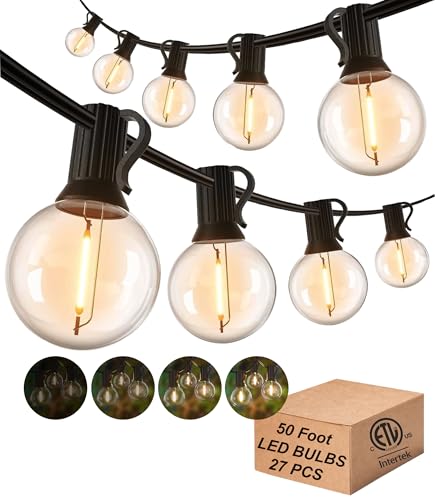 DAMAING Outdoor String Lights LED 50Feet G40 Globe Patio Lights with 27 Edison Plastic LED Bulbs,2700K Warm Glow Weatherproof for Indoor Outdoor Backyard Bistro Lighting - color: Black G40 Bulbs, size: 50 Feet