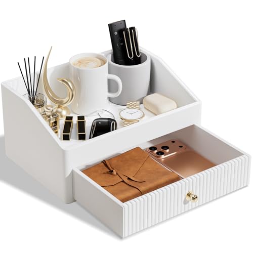 LADSTAG Office Desk Accessories,Beige White Vegan Leather Office Organizer with 1 Drawer & Tray,Pen Holder with Gold-Tone Metal Accents Knob for End Tables,Bedside Table,Bedroom. - color: White, size: 2 layers