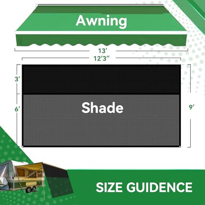 RV Awning Shade Screen with Zipper 9' x 12'3'', 600D Oxford Top + Mesh Bottom, RV Sun Shade Screen for Awning, RV Shade Complete Kits for Trailer Camper - size: 9’ x 12’3”