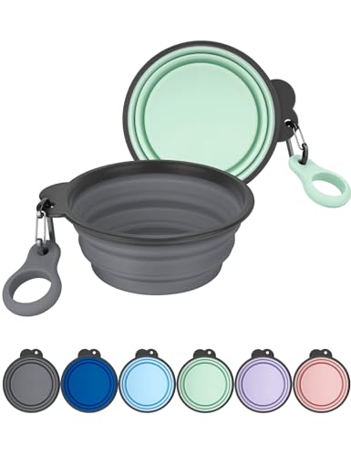 Aonkey Collapsible Dog Bowls with Bottle Carrier, 2 Pack Travel Dog Water Bowl Upgraded Carabiner, One-Piece Molded Rim No Fall Off or Crack, Foldable Silicone Portable for Pets Walking Hiking 15oz - color: 10. Gray & Sprout Green, size: Small (Pack of 2)