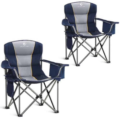 ALPHA CAMP Heavy Duty Camping Chair 500LBS Capacity, Oversized Folding Chair for Heavy People, Padded Portable Outdoor Chair with Cooler Bag & Cup Holder for Camping, Fishing, Beach - color: Navy Blue-2pc, size: 2PC