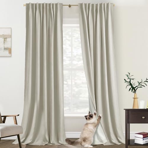 102 Inch Long Curtains, Oatmeal Polished Linen Textured Blackout Pleated Drapes for Living Room Bedroom, 2 Panels Set - color: Greige, size: 52"W x 102"L (Pack of 2)