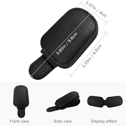 Sunglass Holder for Car Visor, Magnetic Leather Sunglasses Holder and Ticket Card Clip for Car - color: Black