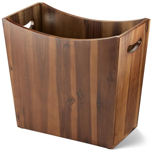 Tidita 3-Gallon Acacia Wood Wastebasket, Small Wood Trash Can with Handles | Acacia Wood, 13" L x 6.6" W x 13" H, Integrated Handles, Non-Slip, Rustic Style for Bathroom, Bedroom, Kitchen, Walnut Color - color: Walnut, size: 3 Gallon