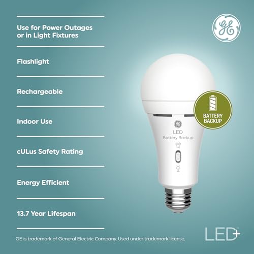 GE LED+ Battery Backup A21 LED Light Bulbs, Rechargeable Light for Power Outages + Flashlight, Soft White (2 Pack) - style: A21