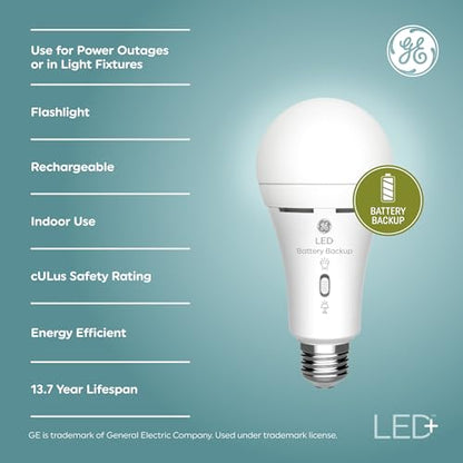GE LED+ Battery Backup A21 LED Light Bulbs, Rechargeable Light for Power Outages + Flashlight, Soft White (2 Pack) - style: A21