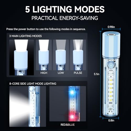 VAVOFO Blue LED Tactical Flashlight - USB-C Rechargeable, High Lumen, Fire-Resistant EDC Flashlight with Zoom Focus, 3 Modes, Red/Blue Strobe - Ideal for Camping, Hiking, Emergency Use - color: Blue