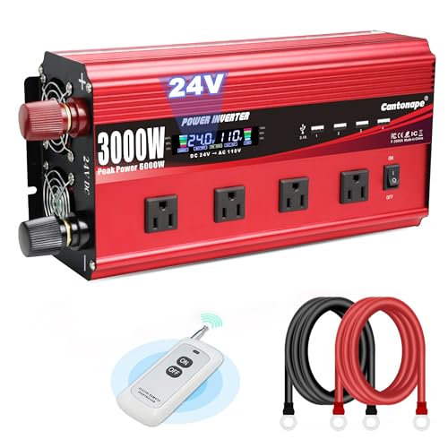 Cantonape 3000W Power Inverter 24V to 110V/120V DC to AC with LCD Display, Remote Controller 4 x AC Outlets and 4 x 3.1A USB Car Adapter for Car Truck Boat RV Solar System - size: 3000W-24V