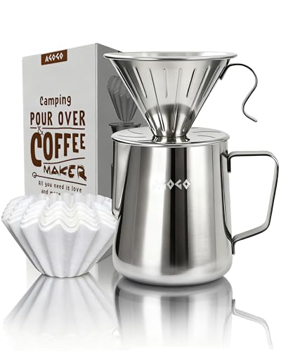 AGOGO Pour Over Coffee Maker Set - Unbreakable 304 Stainless Steel V60 Dripper & Server for Camping & Party, Includes 50 Paper Filters & Barista Towel - Silver - 30oz - color: A01-Silvery, size: 30oz / 900ml (Full Set)