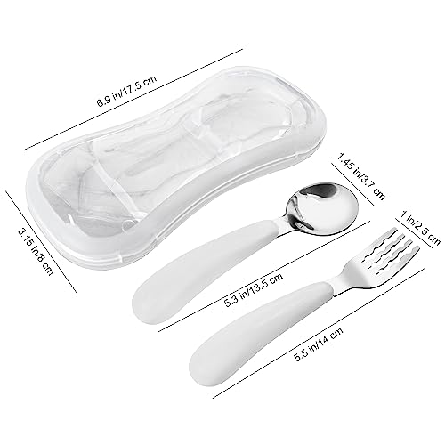 VANRA 2 Pieces Toddler Fork and Spoon Set with Travel Case 18/8 Stainless Steel Toddler Utensils Kids Silverware Children Flatware Child Cutlery Set for School Lunch Box (White) - color: White
