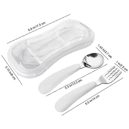 VANRA 2 Pieces Toddler Fork and Spoon Set with Travel Case 18/8 Stainless Steel Toddler Utensils Kids Silverware Children Flatware Child Cutlery Set for School Lunch Box (White) - color: White