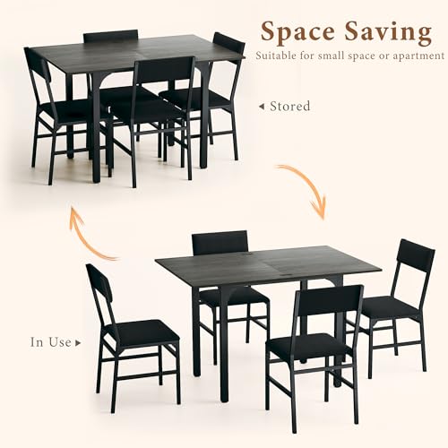 HUAHUU Dining Table Set for 4, Extendable Kitchen Table Cushion Chairs Set of 4, Rectangle Dining Table with Metal Frame & MDF Board, Folding for Small Apartment Saving Space, Gray - color: Grey
