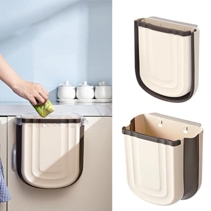 Kitchen Hanging Trash Can, 2.4 Gallon / 9L Collapsible Waste Bin, Small Kitchen Compost Bin for Food Scraps, Wall Mounted Garbage Can for Bathroom, Car, RV(Khaki) - color: Khaki