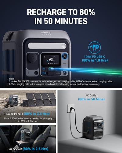 Anker Portable Power Station SOLIX C300, 288Wh LiFePO4 Backup Battery, 300W Solar Generator, 140W Two-Way Fast Charging, for Camping, Hunting, Travel, Blackout & Emergencies (Solar Panel Optional) - style: Anker SOLIX C300