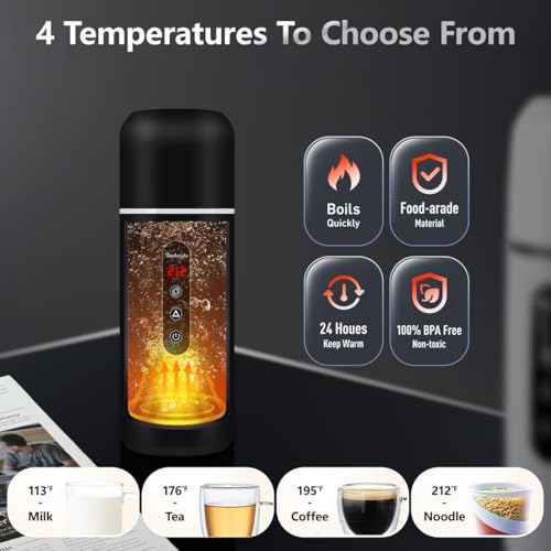 Car Kettle,Portable Electric Travel Kettle,12V/24V Car Coffee Warmer,420ML Hot Water Boiler,Small Hot Water Heater, Mini Hot Water Boiler with Built-in Magnetic Induction Stirring for Tea Coffee Milk - color: Black