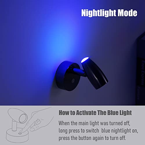RV Reading Light 12V Swivel LED Spotlight with Quick USB Charger & Blue Nightlight, Camper Van Travel Trailer Bedroom Reading Light, 3-1/2" Length,12-24VDC Hard-Wired (Gloss Black) - color: Gloss Black with Nightlight