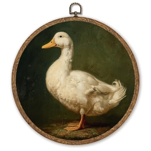 White Duck Wall Art Decor, Rustic Country Ducks Wall Hanging Linen Prints Artwork Round Framed, Retro Cottagecore Circular Wall Decor for Kitchen Bedroom Farmhouse, 10x10 Inch (Green-Duck) - color: Green-Duck